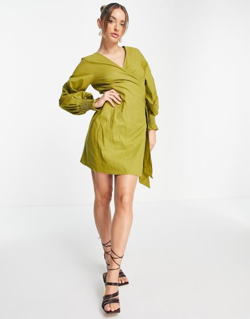 Never Fully Dressed balloon sleeve shirt mini dress in olive green