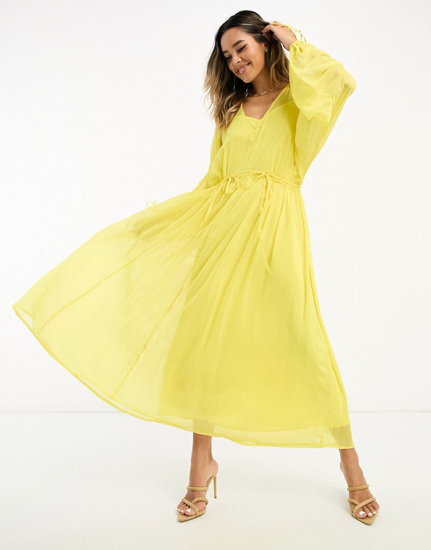 Never Fully Dressed Balloon Sleeve Tie Maxi Dress In Yellow