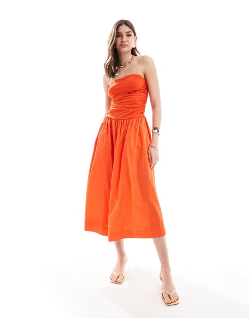 Never Fully Dressed bandeau cotton poplin midaxi dress in tomato red