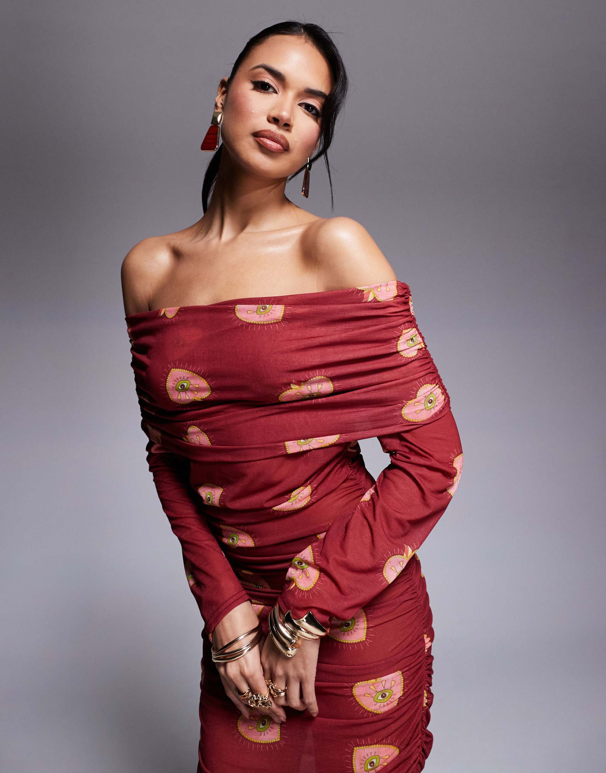 never fully dressed bardot ruched heart print mesh mini dress in burgundy