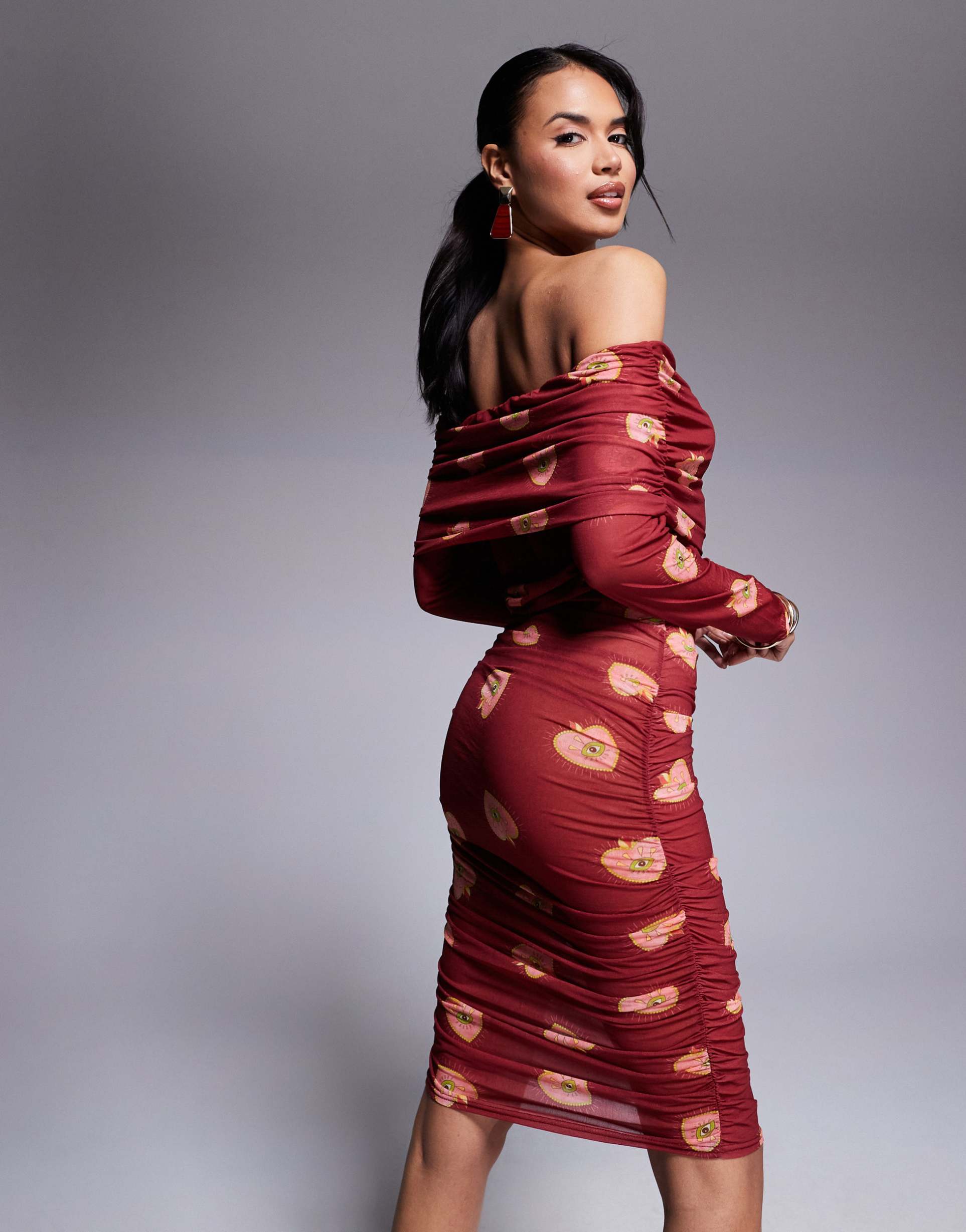 never fully dressed bardot ruched heart print mesh mini dress in burgundy