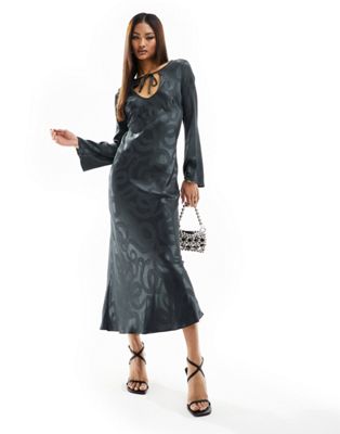 Never Fully Dressed bell sleeve jacquard midaxi dress in charcoal snake
