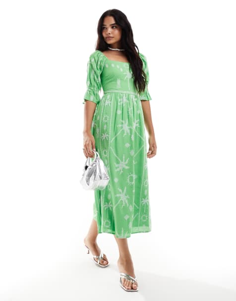 Never Fully Dressed Belle embroidered midaxi dress in green - view 1