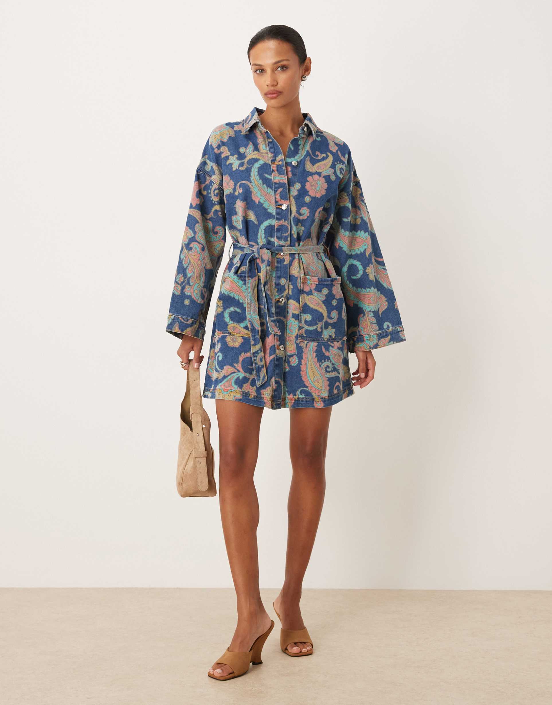 never fully dressed belted denim shacket dress in blue paisley