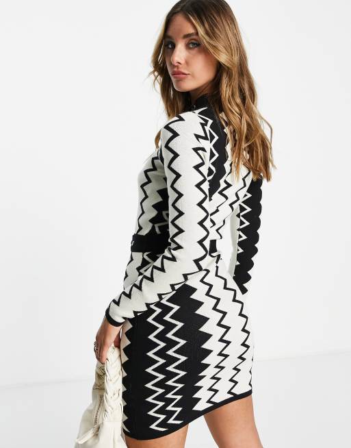 Never Fully Dressed belted zig zag mini dress in cream and black ASOS