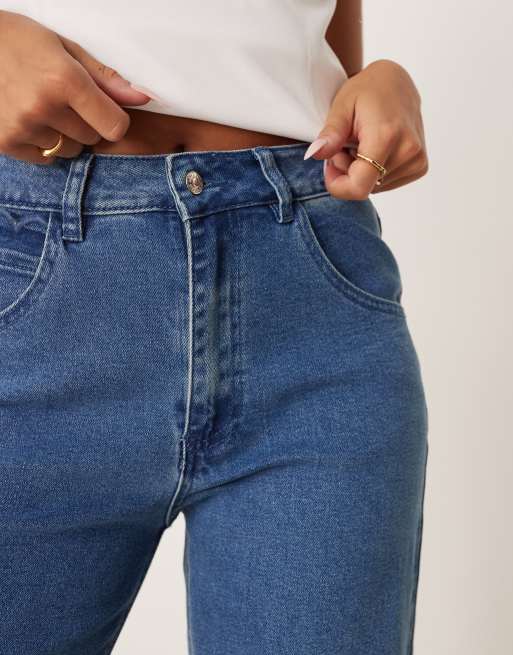 Never Fully Dressed – Bestickte Denim-Jeans in Blau mit hohem Bund, 4 von 5