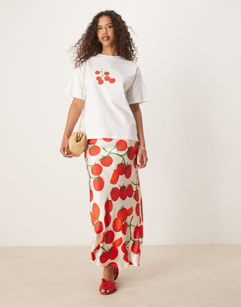 Never Fully Dressed tomato print satin maxi skirt co-ord in cream 