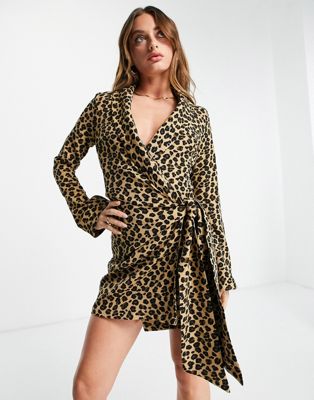 Never Fully Dressed blazer wrap mini dress in leopard print