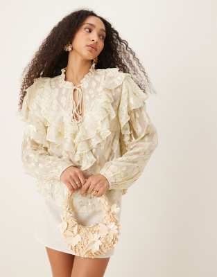 never fully dressed boho ruffle metallic jacquard blouse in cream and gold