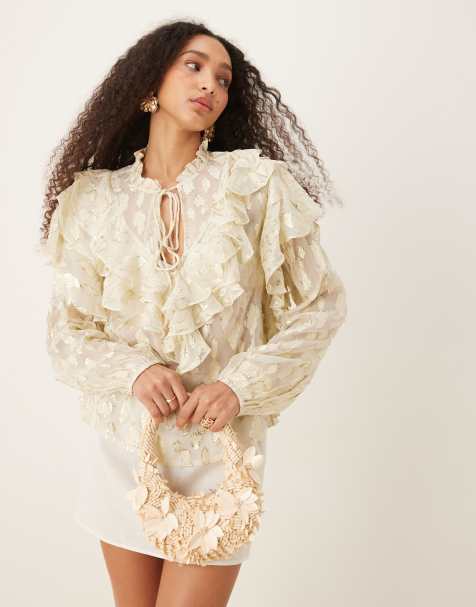 Never Fully Dressed boho ruffle metallic jacquard blouse in cream and gold