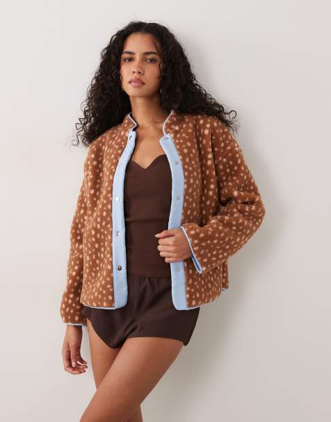 Never Fully Dressed borg reversible collarless jacket in brown deer print - view 1