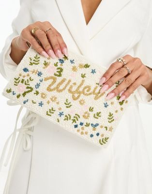 Never Fully Dressed Bridal embellished Wifey clutch bag with pearl handle in ivory
