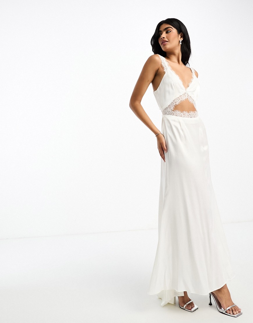 Never Fully Dressed Bridal lace satin fishtail maxi dress in ivory-White