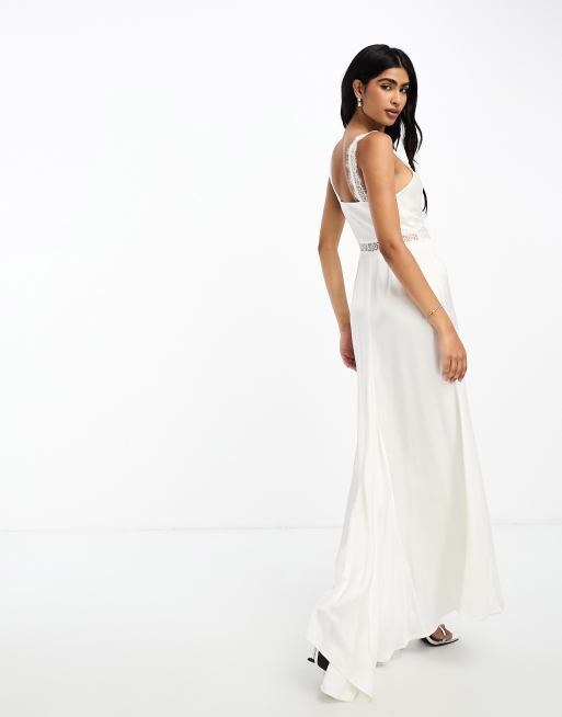 Never Fully Dressed Bridal lace satin fishtail maxi dress in ivory | ASOS