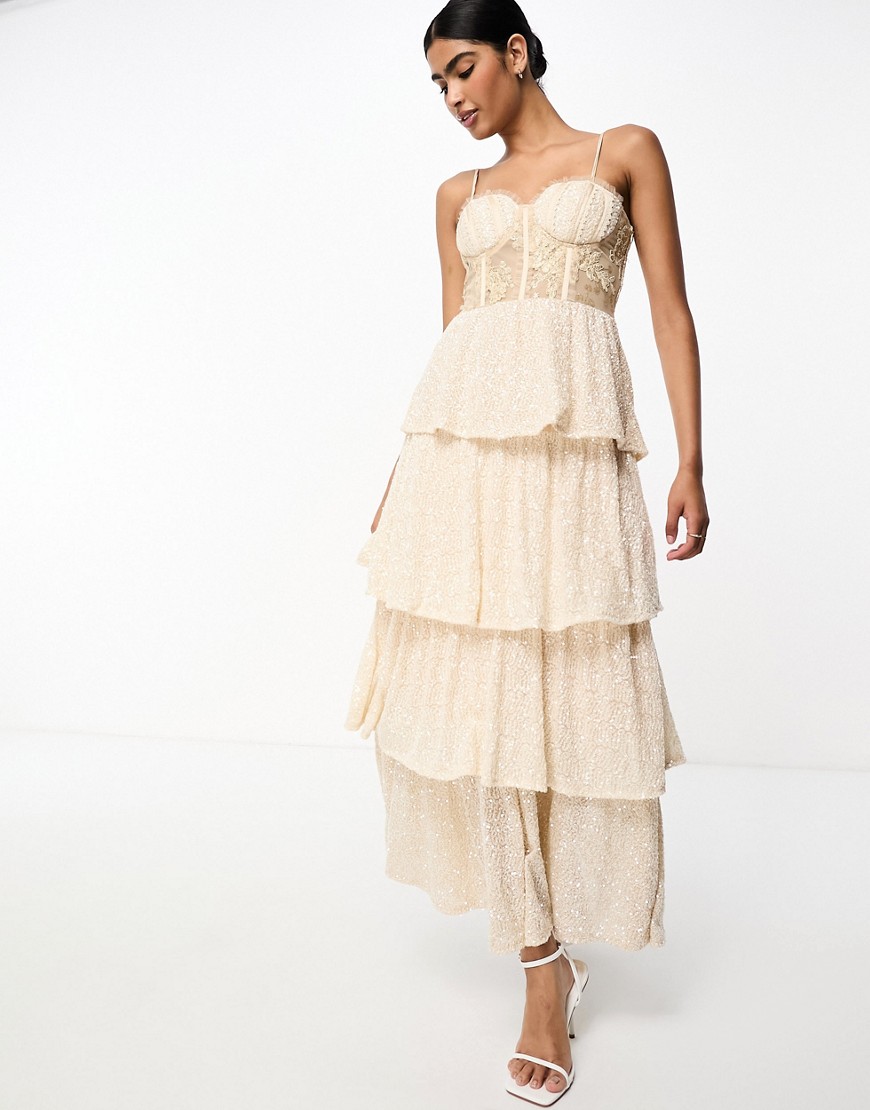 Never Fully Dressed Bridal sequin and lace corset tiered maxi dress in golden ivory-White