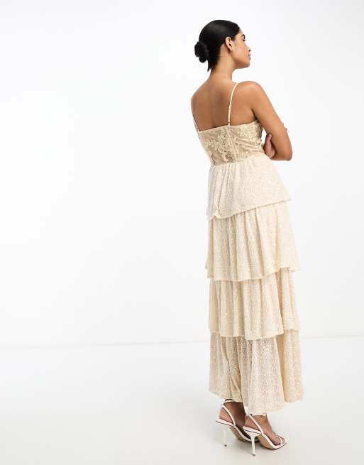 Never Fully Dressed Bridal sequin and lace corset tiered maxi dress in golden ivory, 3 of 4