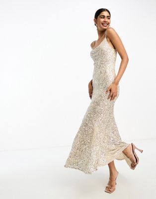 Never Fully Dressed Bridal sequin cowl neck midaxi dress in champagne - ASOS Price Checker
