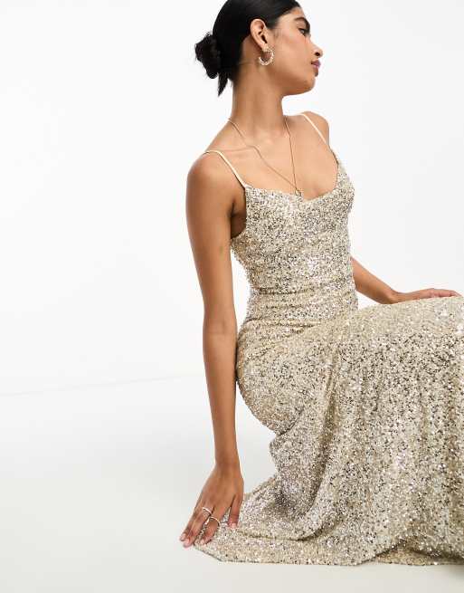 champagne midaxi dress Lola May satin cami midaxi dress with pearl effect straps in champagne