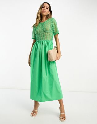 Never Fully Dressed broderie cotton poplin midaxi dress in green - ASOS Price Checker