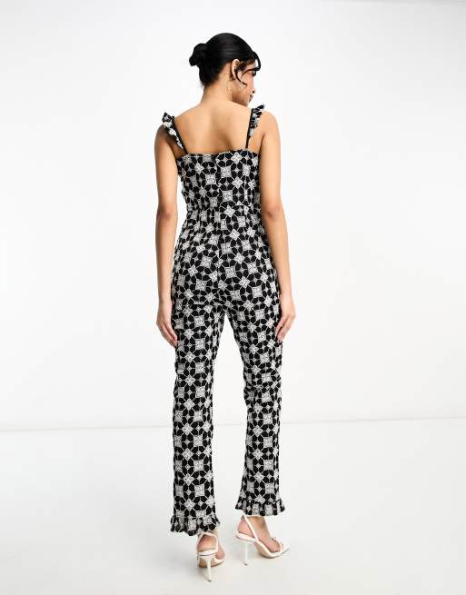 Miss Selfridge Premium embellished floral wide leg jumpsuit in ivory