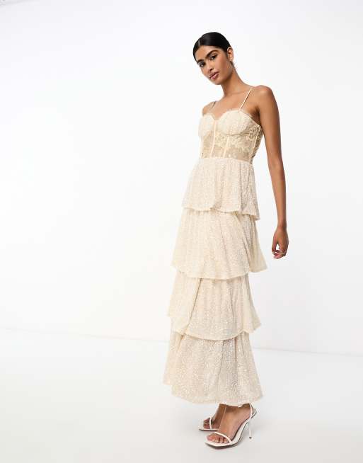 Never Fully Dressed - Bruidskleding - Maxi jurk van kant met korset, stroken en lovertjes in gouden ivoor, 4 van 4