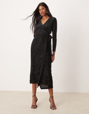 burnout velvet wrap midaxi dress in black