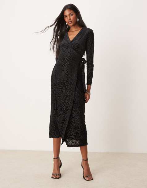 Never Fully Dressed burnout velvet wrap midaxi dress in black