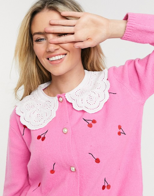 Never Fully Dressed button knit top with oversized cotton collar in cherry embroidery