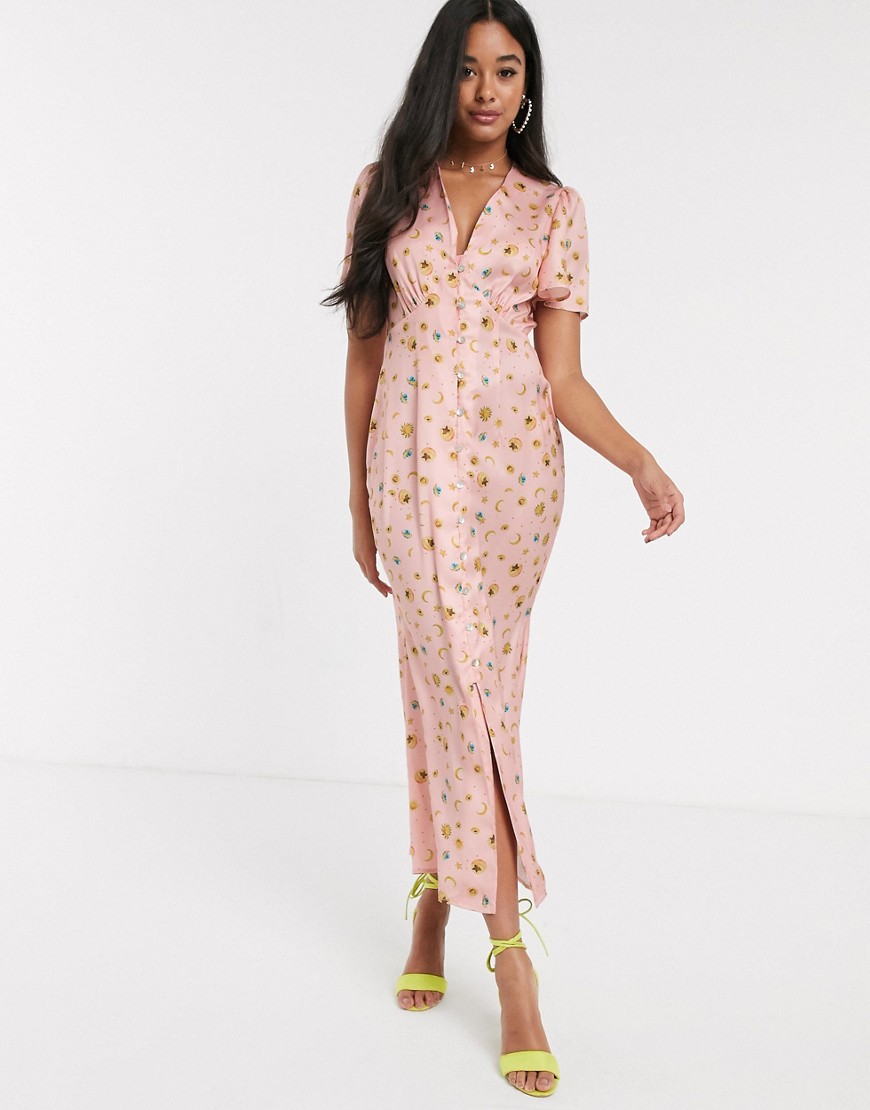Never Fully Dressed button through maxi dress in blush star print-Multi