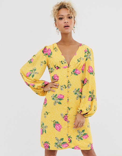 Never Fully Dressed button through mini dress with blouson sleeve in multi floral print