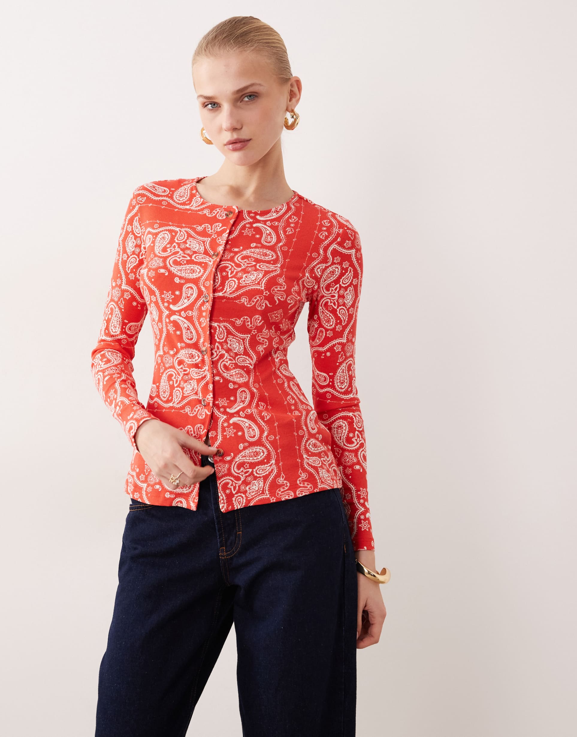 never fully dressed button-up long sleeve top in red bandana print