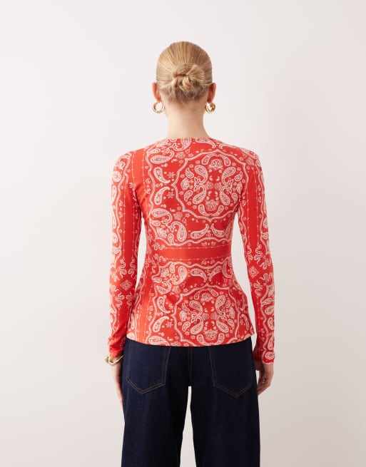 Never Fully Dressed button up long sleeve top in red bandana print, 2 of 4