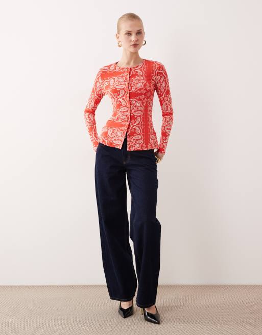 Never Fully Dressed button up long sleeve top in red bandana print, 3 of 4