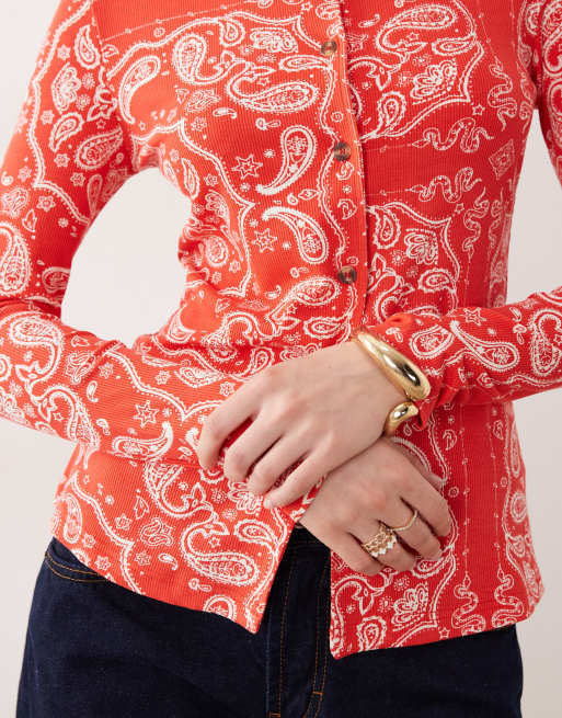 Never Fully Dressed button up long sleeve top in red bandana print, 4 of 4