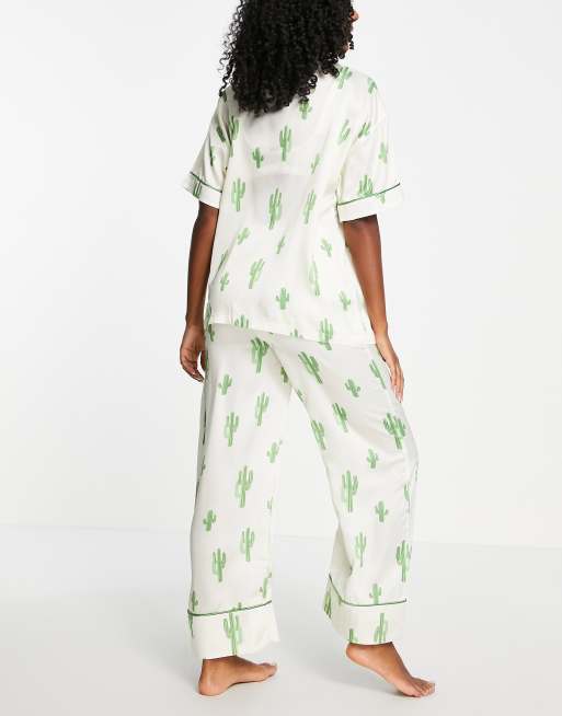 Never Fully Dressed Cactus satin pyjama set in cream ASOS