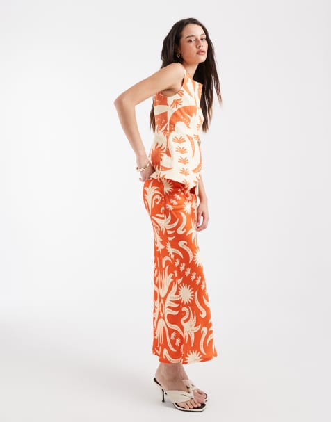 Never Fully Dressed - Cairo Dorris - Jupe longue d'ensemble en satin à imprimé soleil - Orange - view 1