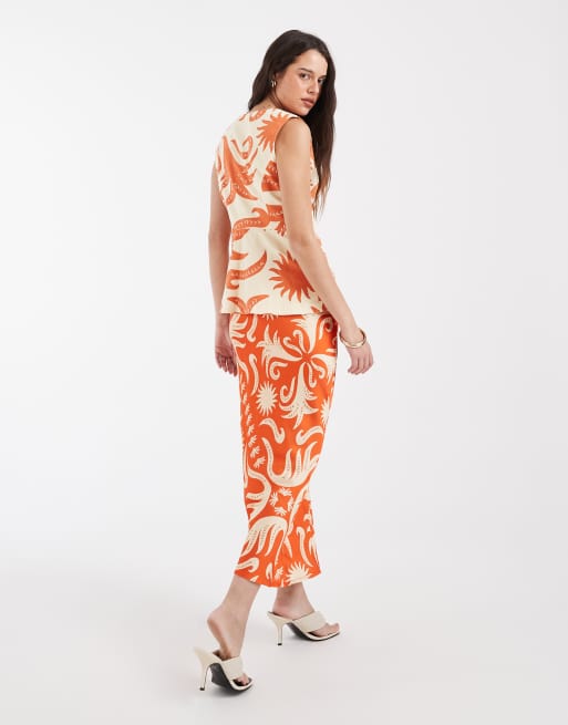 Never Fully Dressed – Cairo Dorris – Maxirock aus Satin in Orange mit Sonnen-Print, Kombiteil, 7 von 7