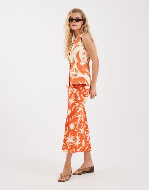 Never Fully Dressed Cairo Dorris satin maxi skirt co-ord in orange sol print - view 1