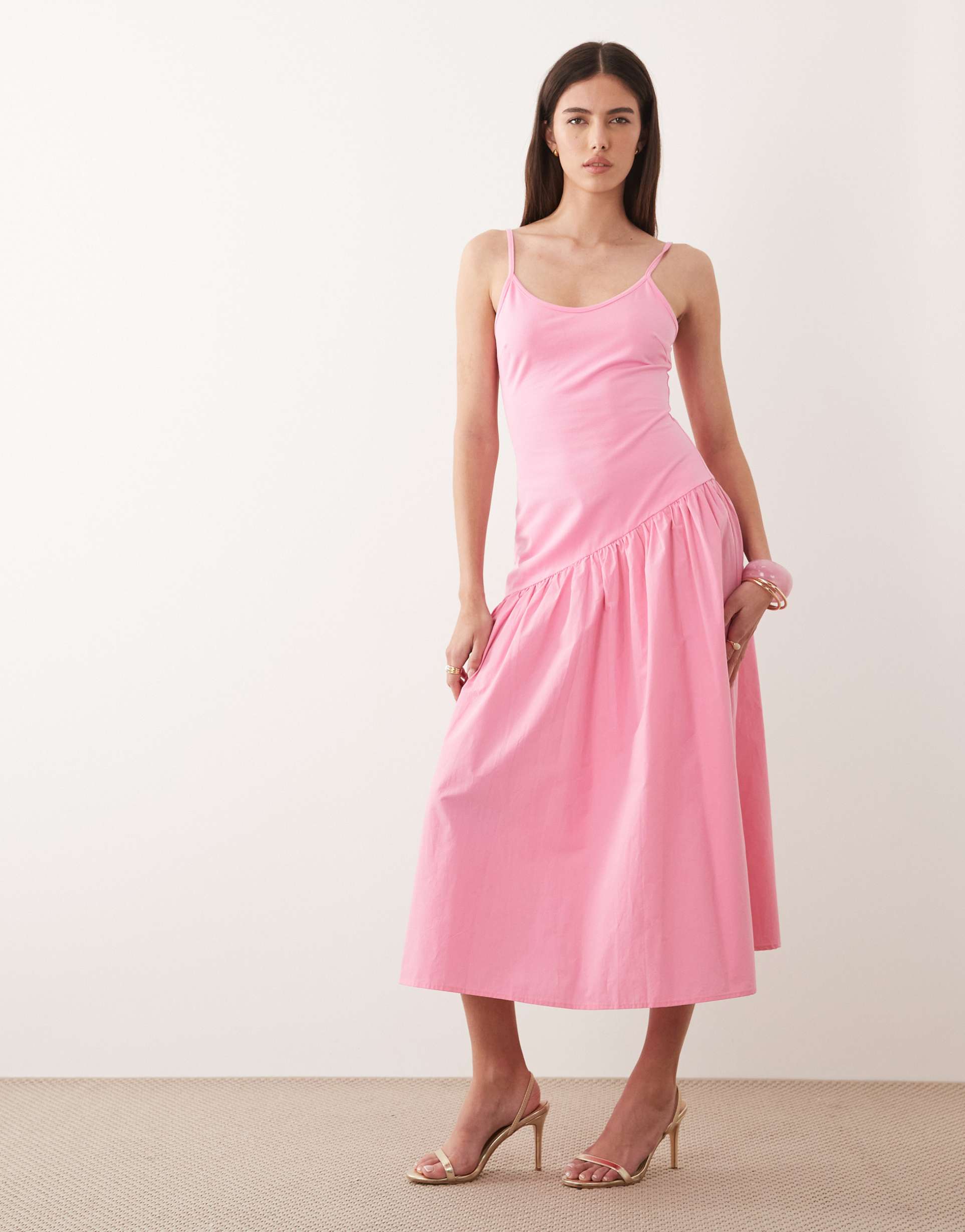 never fully dressed cami asymmetric seam midi dress in pink