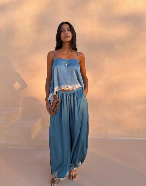 Never Fully Dressed cami top co-ord with lace hem in blue