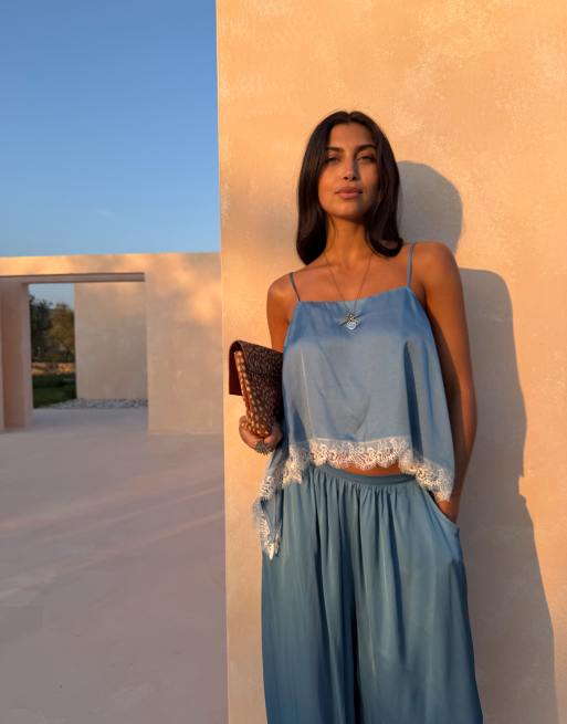 Never Fully Dressed cami top co-ord with lace hem in blue, 2 of 5