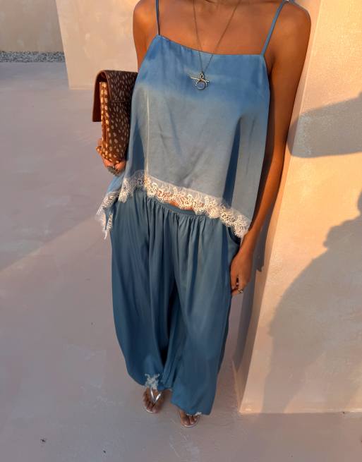 Never Fully Dressed cami top co-ord with lace hem in blue, 4 of 5
