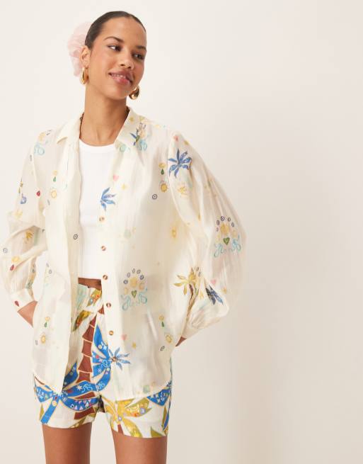 Never Fully Dressed - Camicia comoda color crema con stampa di palme in coordinato