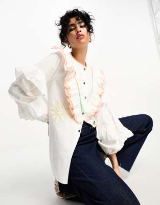 Never Fully Dressed - Camicia oversize in popeline di cotone bianca con cuciture a contrasto e volant