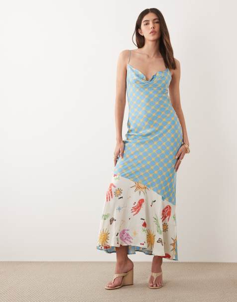 Never Fully Dressed – Camisole-Midikleid aus Satin mit asymmetrischem Schnitt und Himmelskörper-Print - view 1