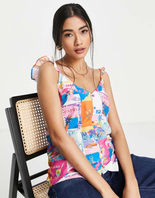 Never Fully Dressed - Canottiera multicolore con stampa di cartoline in coordinato