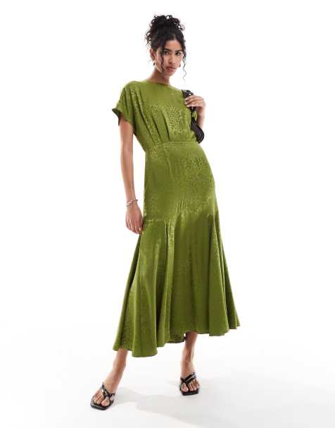 Never Fully Dressed cap sleeve satin jacquard midaxi dress in olive - view 1