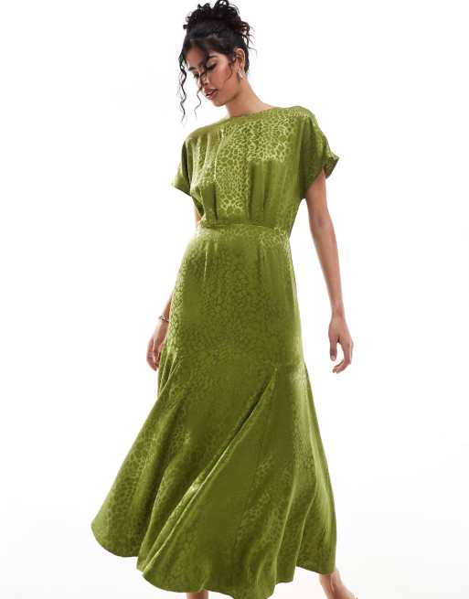 olive green jacquard dress Olive Jacquard High Neck Dress