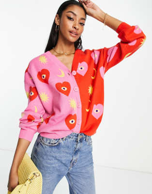 Never Fully Dressed - Cardigan in maglia a contrasto, colore rosa e rosso in coordinato