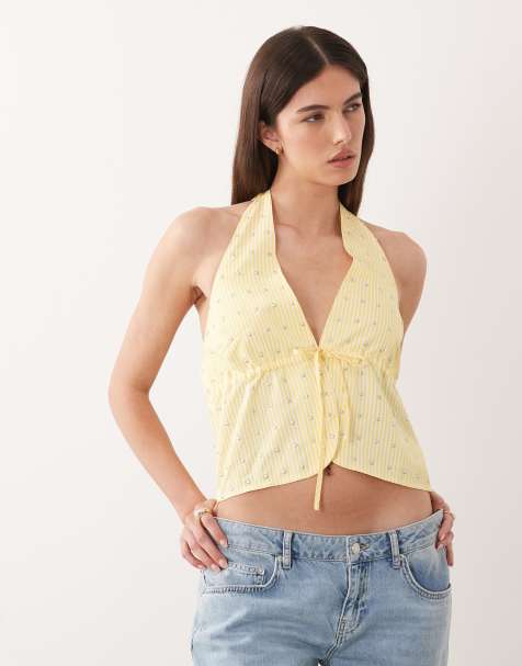 Never Fully Dressed - Chaleco color limón con raya diplomática, cuello halter, lazada delantera y tachuelas (parte de un conjunto) - view 1